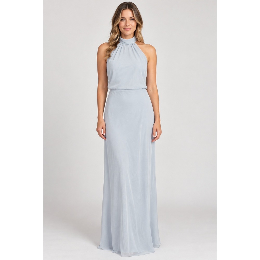 Jenny Yoo Serenity Blue Luxe Chiffon Halter Gown Brett Bridesmaid 8 New Flaw